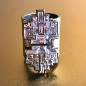 Art Deco Statement Ring Baguette Step-Cut Clear Stones Wide Brass Tone Band 6